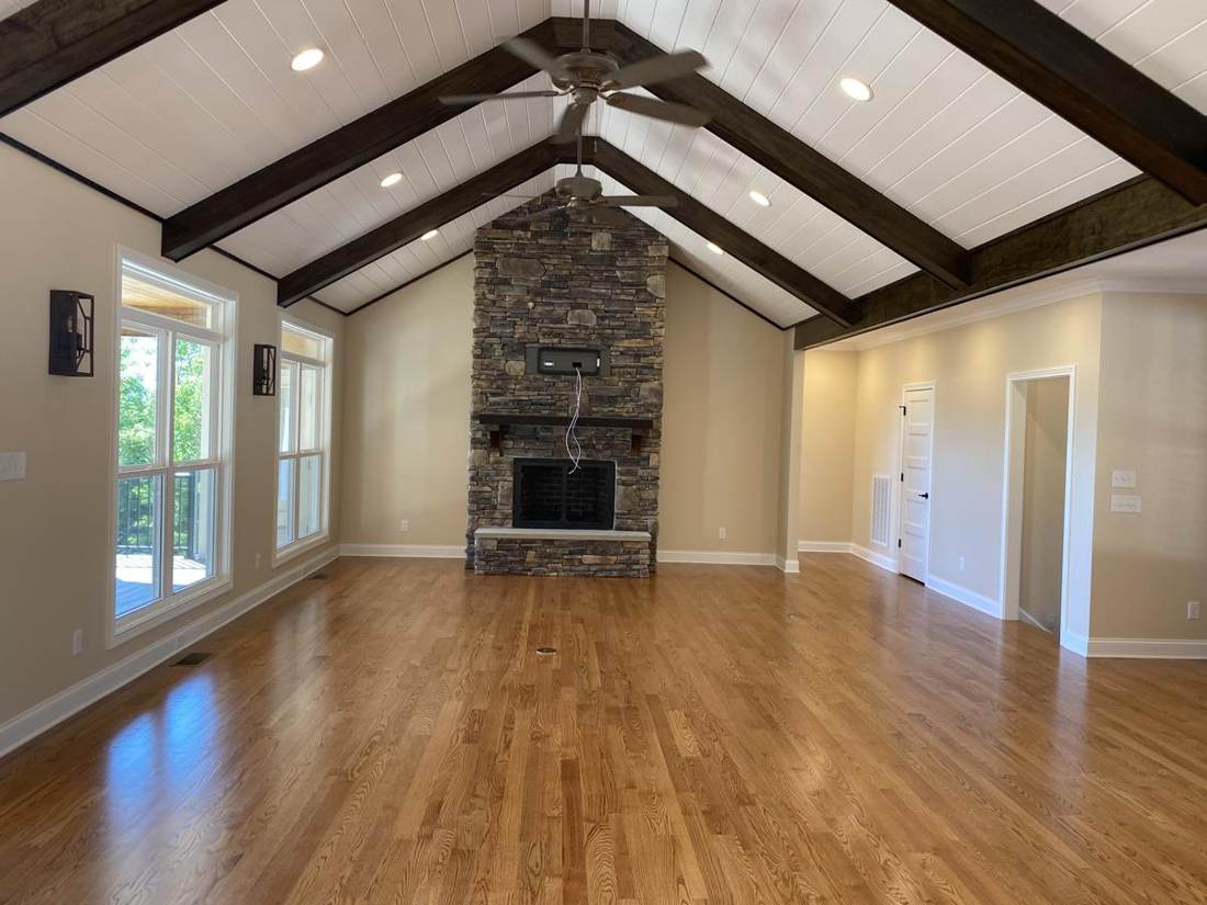 Campbell project, great room with beamed ceiling
